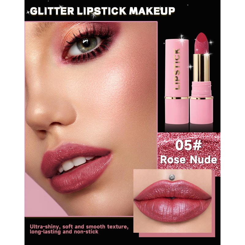 Sequin Lipstick Metallic Lipstick Pink Shiny Long Lasting Shiny Diamond