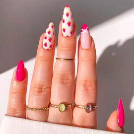 Lomxene Almond Press on Nails Medium Fake Nails Pink Nails press ons with Fruits Designs Glue on Nails Acrylic Nails False Nails French Tip Press on Nails for Women 24Pcs(almond french pink)