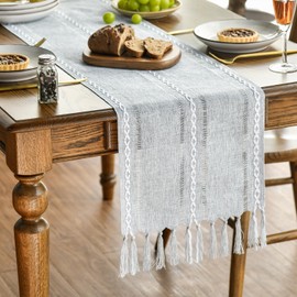 Artoid Mode Boho Light Grey Country House Style Tassels Table Runner, Washable Table Decoration Party Birthday Valentine's Day Wedding Decor 33 x 303 cm