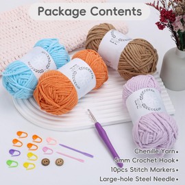 Chenille Yarn for Crochet - Soft Plush Velvet Yarn 3x50g with 5mm Hook,Thick Fluffy Wool for Crochet Blanket Making Chunky Wool -Ideal for Beginners (Purple+Pink+White)