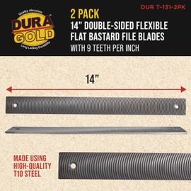 Dura-Gold 14" Flexible Flat Bastard File Blade, Double-Sided with 9 Teeth Per Inch, Pack of 2 - Mounting Holes for Adjustable Body File Holder, for Shaping, Smoothing and Filing Contoured Surfaces