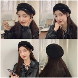 Weuiean PKZMH710 Women's Beret Hat Leather Label English Pattern Hat Winter Warm Felt Cap Casket Retro Stylish, Black