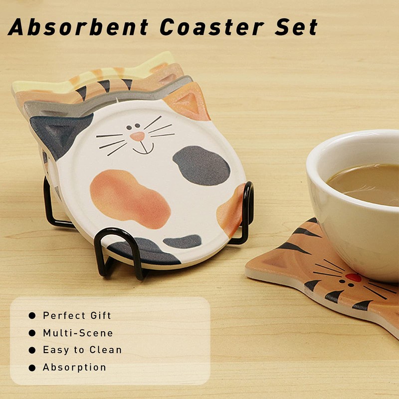 Drink Coasters with Holder, Absorbent Coaster Sets of 4, Cat
