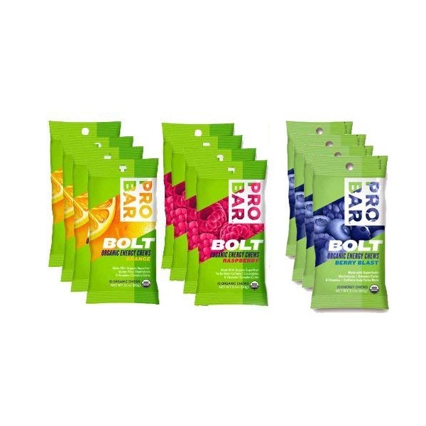 Probar Bolt Organic Energy Chews Set Mixed Berry, Orange and Raspberry - Four of Each Flavor, Box of 12