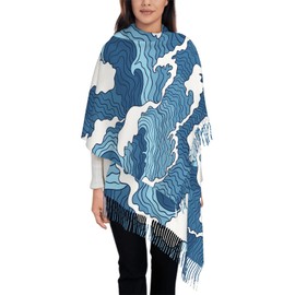 IBILIU Oversize Scarf for Women Japanese Abstract Blue And White Wave Japan Scarf Tassel Scarves Fall Winter Shawl Wraps