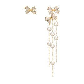 EleQueen Mismatched Earrings, Asymmetric Bow Knot Pearl Earrings, Gold Plated Cubic Zirconia Simulated Pealr Stud Earrings, 3 Chain Dangle Earrings for Women