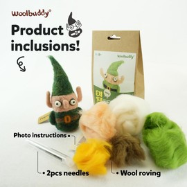 Woolbuddy Needle Felting Kit - Elf Christmas, Complete Felting Kit for Beginners & Adults, Includes Needle Felting Supplies, Felting Mat, Felting Wool, and Felting Needles for Crafting Fun