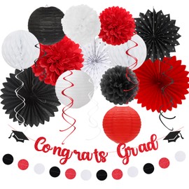 2025 Congrats Graduation Party-Decorations Banner-Streamers - 21pcs Black White-Red Congratulations Grad Backdrop Decor,Tassel Garland,Tissue Pom Poms Honeycomb,Paper Lantern Fans Hugtmr