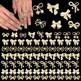 YAEISM 94PCS Gold Bows Charms Nails Alloy Bow Nail Charms 7 Styles Nail Art Bows 3D Bowknot Y2K Nail Art and DIY Crafts Decoration for Women and Girls