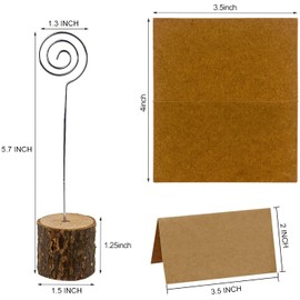 20 Pcs Rustic Wood Place Card Holders with Swirl Wire and 30 Pcs Kraft Place Cards, Wooden Table Number Holder Stand Photo Picture Note Clip Holders for Wedding Party Name Sign