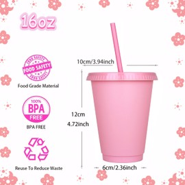 Yisituo 480ml Reusable Plastic Cups, 15 Pack of Kids Tumbler with Lid and Straw, for Cold Drinks, Iced Coffee, Travel and Smoothies (15, Pink)