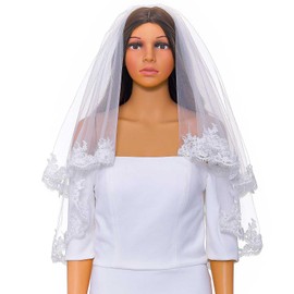 Acenail Lace Bride Veil Women ‘s White Short Bridal Veil 2T Tulle Veil with Metal Comb Wedding Veils for Brides (Lace B)