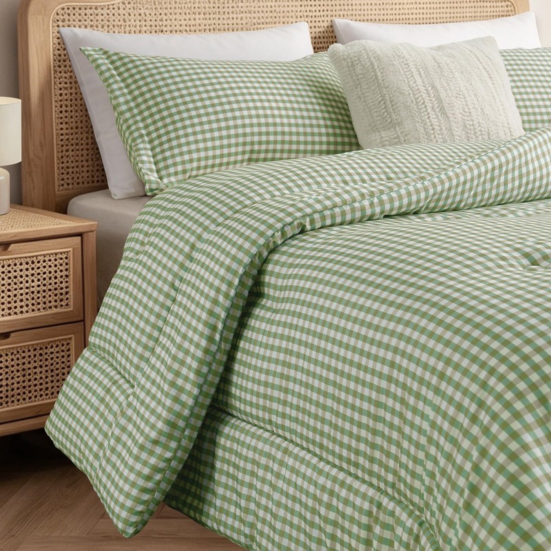 SunNewt Full Comforter Set, Fluffy Green Gingham Plaid Bedding, 3