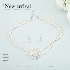 Unicra 1920s Gatsby Pearl Necklace Earrings Set Princess Bride Pearl Jewellery Sets Silver Crystal Multilayer Necklace Accessories for Women and Girls, Alloy Steel