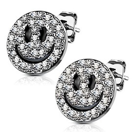 1 Pair Women's Stud Earrings Stainless Steel Emoji Cubic Zirconia Crystals Autiga®, Stainless Steel, Cubic Zirconia