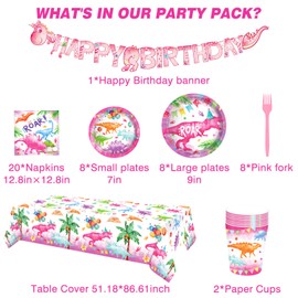 67 Pcs Dinosaur Tableware Set, Dinosaur Party Decorations for Girls Happy Birthday Banner Plates Napkins Cups Tablecloth for Dino Birthday Shower Party Decorations Supplies 10 Guests (Pink)