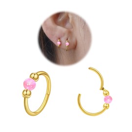 18G Hypoallergenic Small Gold Hoop Earrings for Women 14K Gold Plated Opal Cartilage Earrings Lightweight Mini Jewelry for Tragus/Helix/Conch/Rook/Nose Multiple Piercing (1pc 8mm+1pc 10mm Pink Opal)