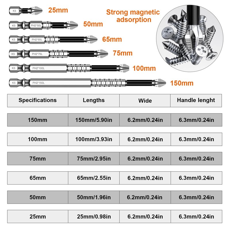 High-Magnetic Screwdriver Drill Bit Set, 6 Pcs Anti-Slip Impact Bits
