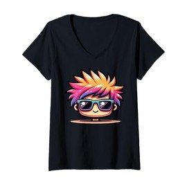 Womens Cute Cartoon Character With Colorful Hair For Kids V-Neck T-Shirt