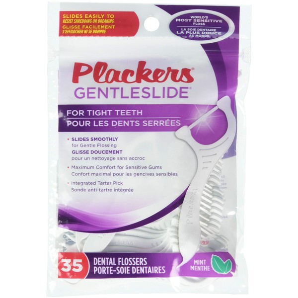 Plackers Gentleslide for Tight Teeth Cool Mint Flavor with Tarter Pick 35 Dental Flossers for Clean Teeth and Healthy Gums (1 Each)