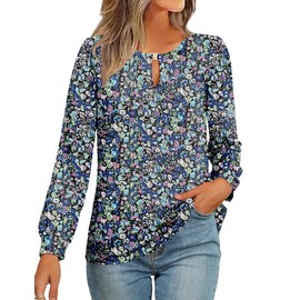 AKEWEI Womens Business Casual Tops Work Polyester Shirts for Women Dressy Long Puff Sleeve Floral Blouse Blue L
