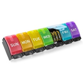 Opret Weekly Pill Organiser, Large Pill Box 7 Day 1 Times a Day with Push Button Pop Open Design, Travel Tablet Organiser, BPA Free for Vitamins Supplements Medication (Colourful-Black)