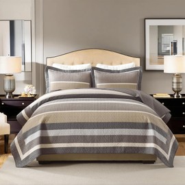 QuiltEase Stripe Quilts King Size - 3 Pieces Quilt Sets - 100% Cotton Farmhouse Bedspread Bedding Set for All Season - Reversible Lightweight Comforter - Brown/Beige/Moon Rock/Charcoal Gray