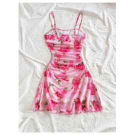 WDIRARA Women's Floral Print Ruched Cami Dress Spaghetti Strap Ruffle Hem Mesh Mini Dress Multicolor Pink Medium