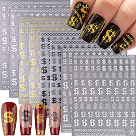 8 Sheets Dollar Nail Stickers 3D Nail Decals Gold Silvers Black White Nail Art Stickers Self-Adhesive Dollar Money Nail Decals Nail Art Supplies for Women Acrylic Manicure Decorations