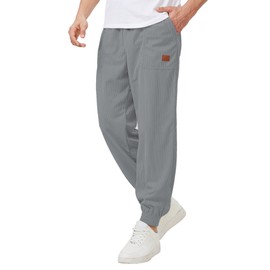 Blokehoway Men's Corduroy Casual Pants Lightweight Drawstring Elastic Waist Baggy Tapered Joggers Pants with Pockets