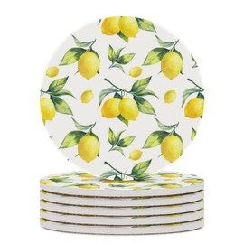 Vibiliyou Yellow Lime Tree Ceramic Coasters A Set of 6 Ceramic Round Drink Coasters Featuring Tropical Lemon Leaves and Designs,Perfect as a Housewarming Gift or for Home Decor