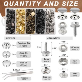 Canvas Snap Kit, Snap Fastener Tool, 405 PCS Boat Cover Snap Button Kit, 5 Colors of Boat Cover Snaps, 15mm Canvas Snaps Marine Stainless for Repairing Boat Covers, Fabric, Tarps, Canvas, Leather