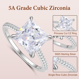BAGUTTA PAVONE 4CT 925 Sterling Silver Princess Cut Cubic Zirconia Engagement Rings for Women with 18K White Gold Plated, Solitaire CZ Engagement Promise Ring for Women Wedding Bands for Her Size6.5