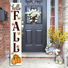 12x72 Inches Large White "Hello Fall" Porch Sign - Rustic Farmhouse Wooden Wall Decor with Pumpkin & Autumn Leaves Design - Weatherproof Indoor Outdoor Fall Welcome Sign for Front Door, Porch, Thanksgiving Decor - Seasonal Farmhouse Home Gift