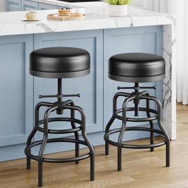 Raynesys Adjustable Height Swivel Bar Stools Set of 2, 22-29 Inch Industrial Vintage Bar Counter Height Stools with Thicken Premium Bonded Leather Seats & Updated Footrests, Easy Assembly, Black
