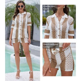 KANSOON Summer Two Piece Outfit Women Crochet Short Set Knit Button-Down Shirt and Shorts Tracksuits Khaki L