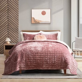 RECYCO Luxury Velvet Quilt Set Full Queen Size, Lightweight Velvet Comforter Set, Oversized Bedspread Coverlet Quilted Bedding Set, with 2 Matching Pillow Shams, for All Season, Dusty Mauve Pink