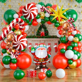 Christmas Balloons Arch Garland Kit, 113 Pack Xmas Red White Green Balloons, Candy Cane Balloons, Gingerbread Man Balloons, Gold Explosion Star Balloons for Birthday New Year Winter Holiday