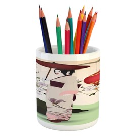 Ambesonne Umbrella Girl Pencil Pen Holder, Inspired Geisha Scene with Traditional Oriental Garden, Printed Ceramic Pencil Pen Holder for Desk Office Accessory, Pale Green and Multicolor