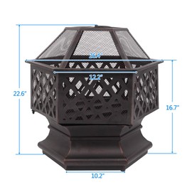Knocbel Outdoor Hexagonal Iron Firepit, Wood Burning Stove Fire Pit with Spark Screen for Garden Deck Backyard Poolside, 26.4" L x 26.4" W x 22.6" H (Black)
