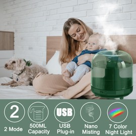 Humidifiers for Bedroom,7-Color Lights 2 Mist Mode Auto Shut-Off, Super Quiet Cool Mist Humidifiers for Home Baby,Quiet Top Fill Air Humidifier Lasts Up to 20 Hours (Green)