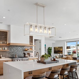 Farmhouse Chandeliers for Kitchen Island, Modern 5-Light Rectangle Chandelier, Brushed Nickel Linear Pendant Lighting Fixture with Clear Glass Shade, L35.4 Inch