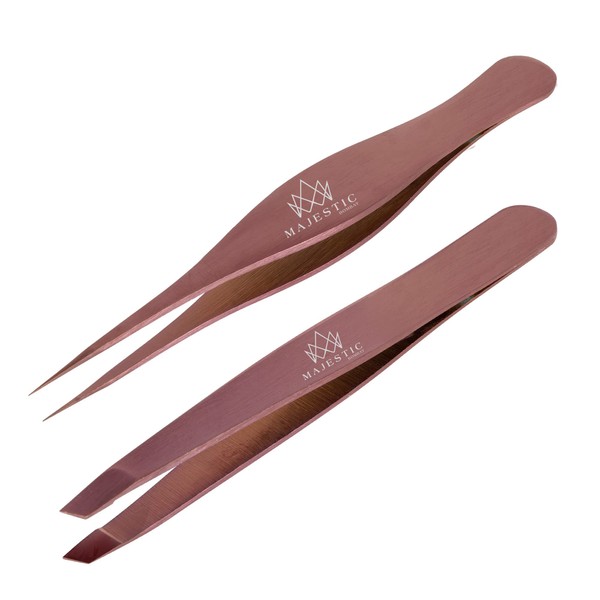 Majestic Bombay Fine Point + Slant Tweezers for Men and Women - Splitter Ticks, Face, Brow and Ingrown Hair Removal - Sharp, Needle Nose, Rose Gold