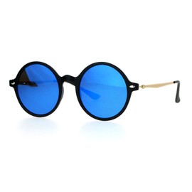 JuicyOrange Unisex Sunglasses Round Circle Horn Rim Frame Matte Black, Blue Mirror Flat Lens