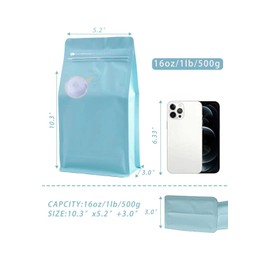 DMPACKDM Blue Aluminum Foil Reusable Coffee Bags with Valve (100 pcs, 16 oz, 1 lb, 10.3 x 5.2+3 Inches, Layered Construction, Zipper Closure)