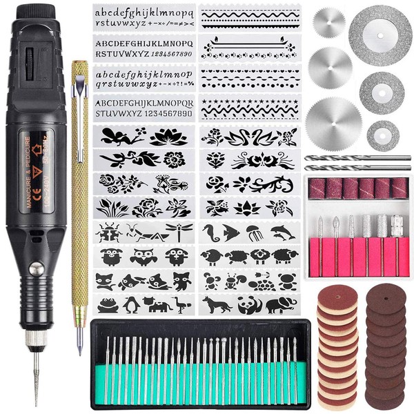 108Pcs Engraving Tool Kit, Multi-Functional Corded Micro Engraver Etching Pen Mini DIY Rotary Tool for Jewelry Glass Wood Metal Plastic with Scriber, 82 Accessories and 24 Stencils
