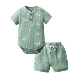 Derouetkia Summer Newborn Baby Boy Girl Clothes Solid Color Ribbed Romper and Shorts Outfits Set (Newborn) Green A