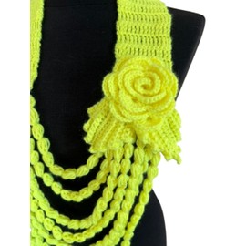 Phosphoric Yellow Crochet Scarf Necklace with Rose, Leaves