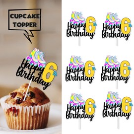 18 Pieces Gold Glitter Roller Skates Happy Birthday Dessert Cupcake Topper 80s 90s Retro Hip Hop Roller Skating Theme Decor Supplies Boys Girls 6th Happy Birthday Party Decorations