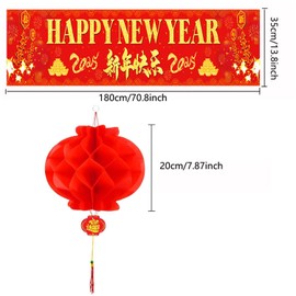 Chinese New Year Decorations 2025, Lunar New Year Table Runner + 10Pcs Chinese Red Paper Lanterns for Spring Festival Year of the Snake Chinese New Year Party Decorations